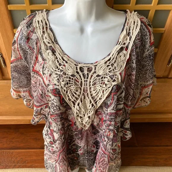 Style & Co. Print Crochet Flutter Sleeved Blouse Large - Picture 2 of 5